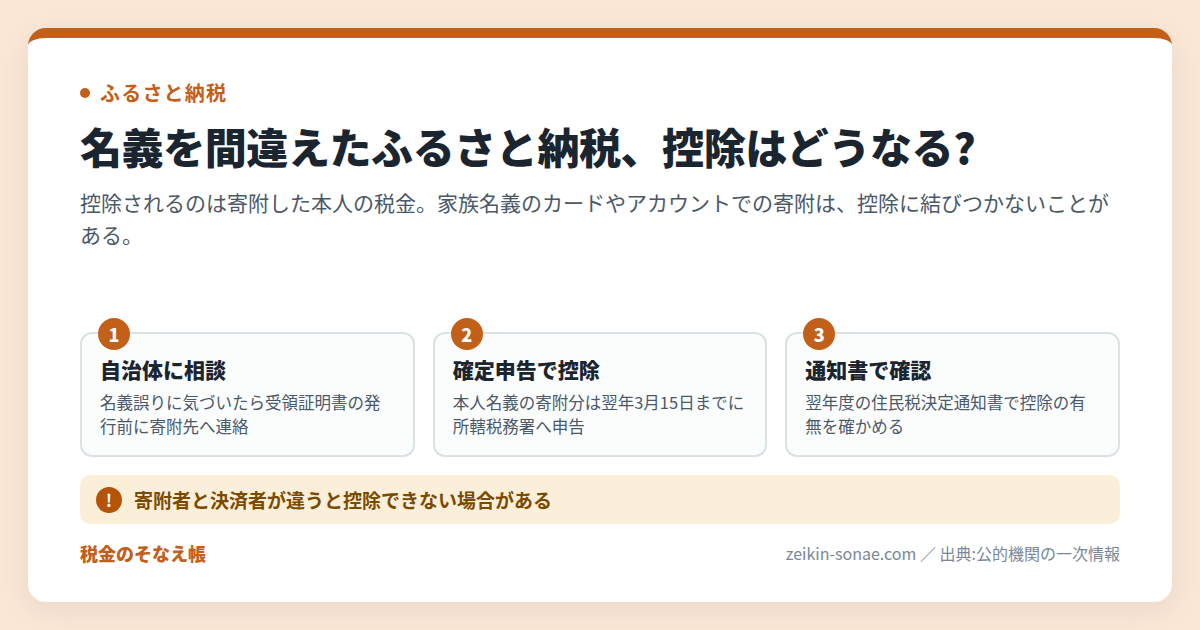 ふるさと納税の名義を家族と間違えたら──控除が受けられないときの正しい対処の順番のまとめ図